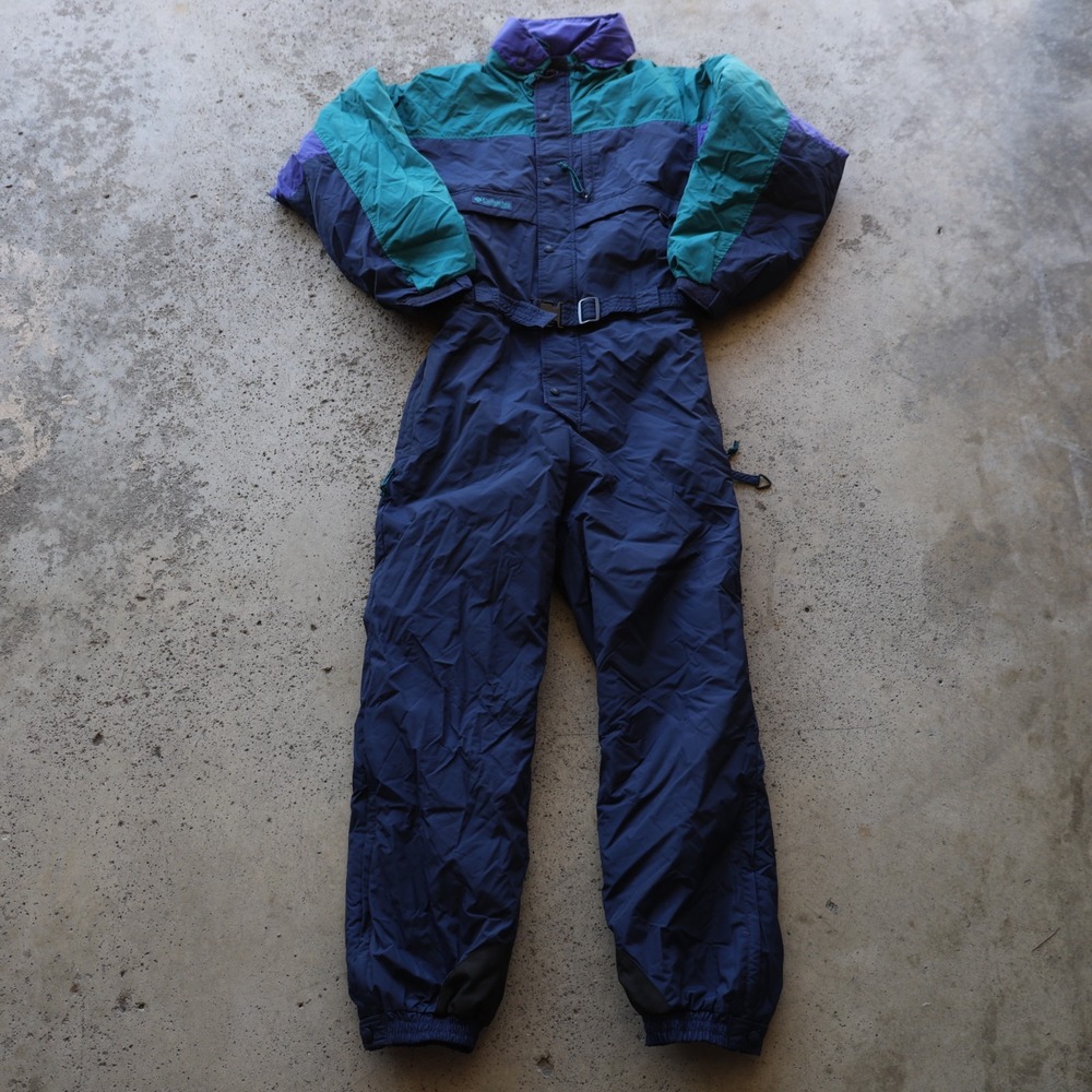 Vintage 90s Columbia One Piece Ski Suit Snowsuit Navy Green Purple Mens Size M
